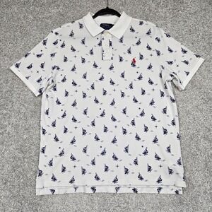 Polo Ralph Lauren Sailboat All Over Print Polo knit Nautical Shirt white blue